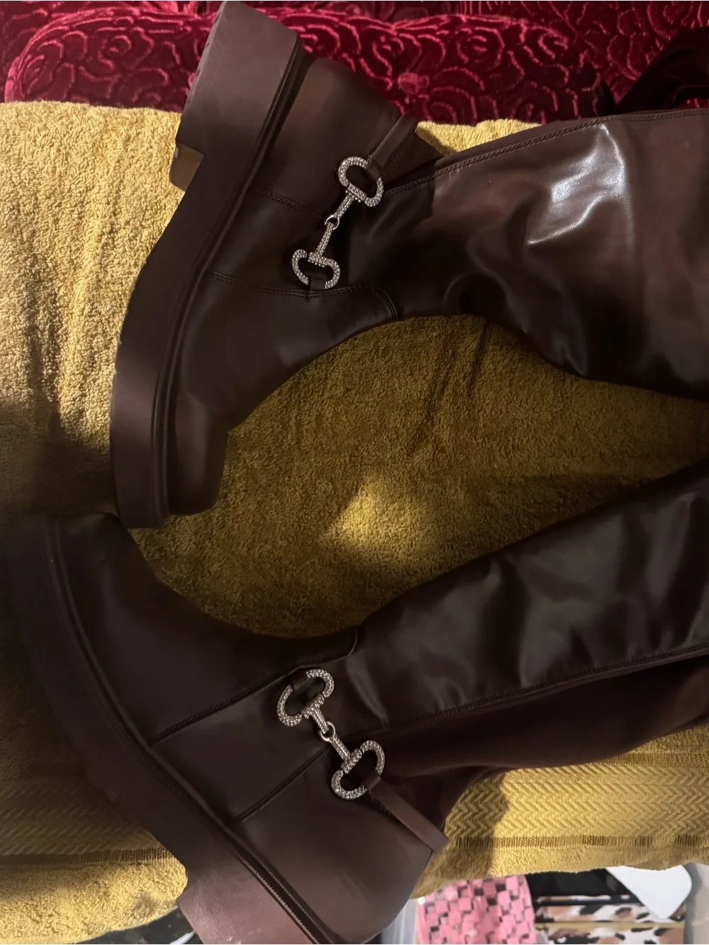 Over-the-Knee Dark Brown Boot with Rhinestone Bit Accent